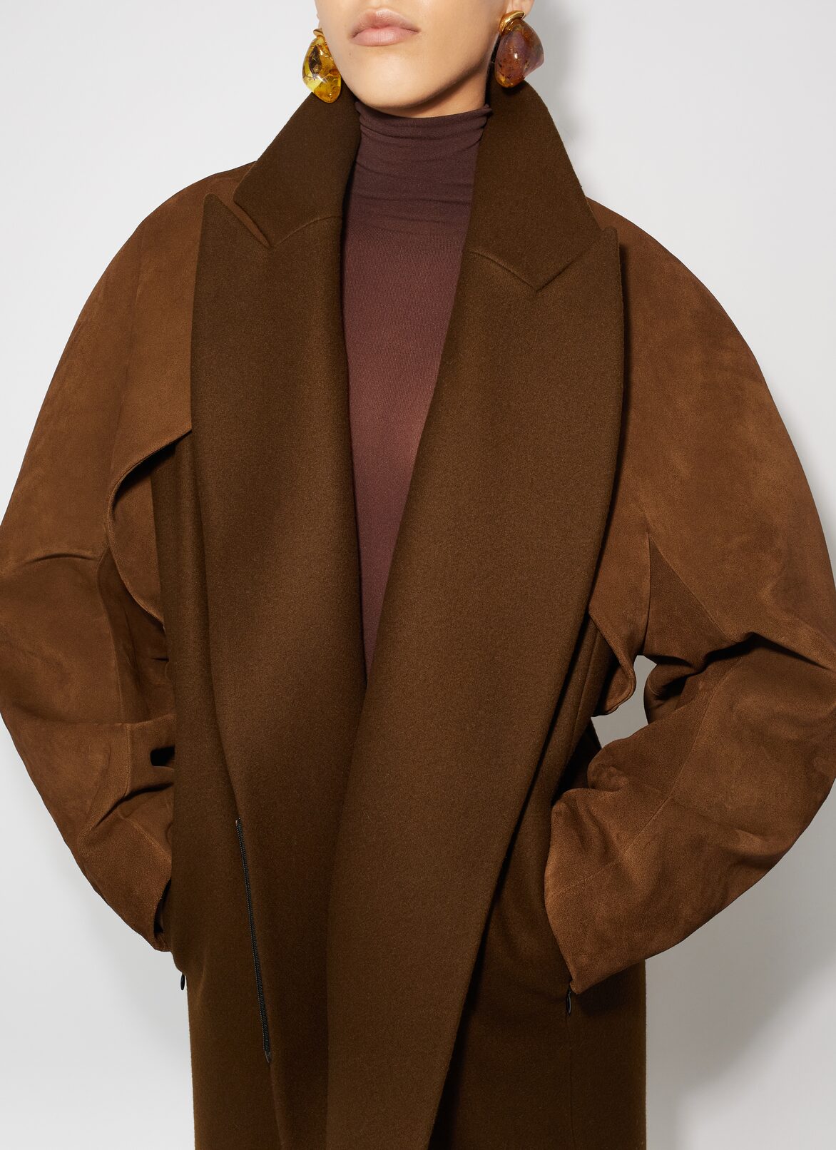Wool coat with suede leather bolero ALAÏA BROWN WOOL COAT WITH SUEDE LEATHER BOLERO